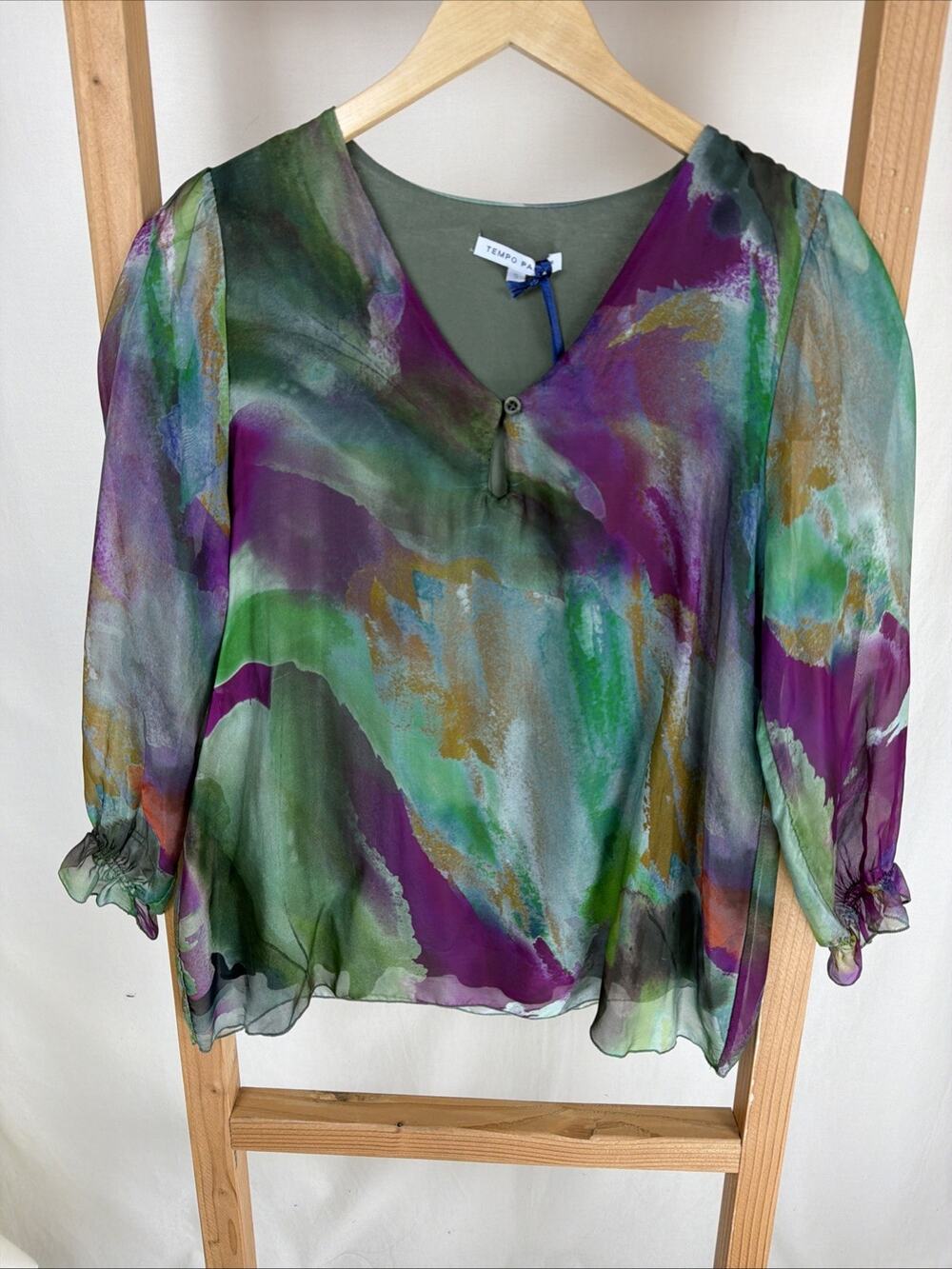 NWT Tempo Paris Multicolored V-Neck Lined Silk Blend Blouse #0943 LG